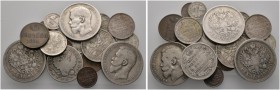 Lots ausländischer Münzen und Medaillen 
 19 Stücke: RUSSLAND . Zaristische Prägungen aus dem Zeitraum 1854-1913, dabei Rubel 1896-1898, Poltina 1817...