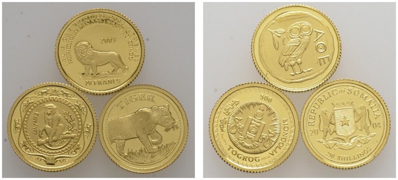 Lots ausländischer Münzen und Medaillen 
 3 Stücke: Mini-Goldmünzen. KONGO , 20...