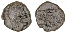 Monedas de la Hispania Antigua
 Carmo, Carmona (Sevilla) 
 As. AE. A/Cabeza de Hércules con piel de león a der. R/Ley. CARMO entre dos espigas a der...