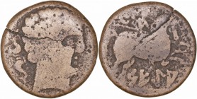 Monedas de la Hispania Antigua
 Segia, Ejea de Los Caballeros (Zaragoza) 
 As. AE. A/Cabeza con barba a derecha, detrás dos delfines. R/Jinete con l...