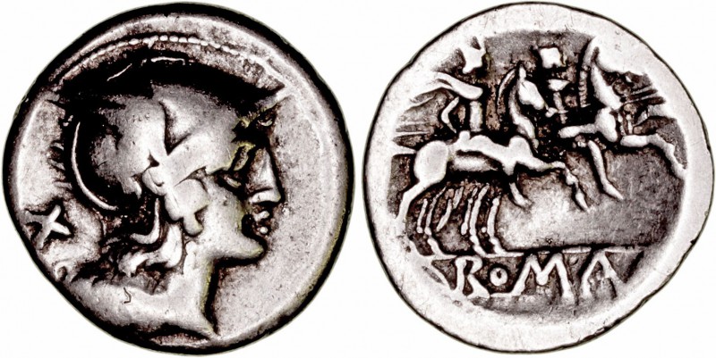 República Romana
 Anónimo
 Denario. AR. A/Cabeza de Roma a der., detrás X. R/L...
