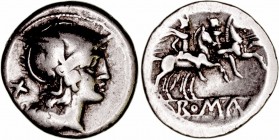 República Romana
 Anónimo
 Denario. AR. A/Cabeza de Roma a der., detrás X. R/Los Dioscuros a caballo a der., encima estrellas, en exergo ROMA. 3.01g...