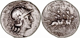 República Romana
 Anónimo
 Denario. AR. A/Cabeza de Roma a der., detrás X. R/Los Dioscuros a caballo a der., encima estrellas, en exergo ROMA. 3.24g...