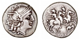 República Romana
 Anónimo
 Denario. AR. (200-190 a.C.). A/Cabeza de Roma a der., detrás X. R/Los Dioscuros a caballo a der., encima estrellas, debaj...
