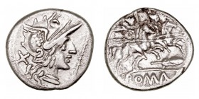 República Romana
 Anónimo
 Denario. AR. (211-210 a.C.). A/Cabeza de Roma a der., delante cetro. R/Los Dioscuros a caballo a der., debajo pluma y en ...