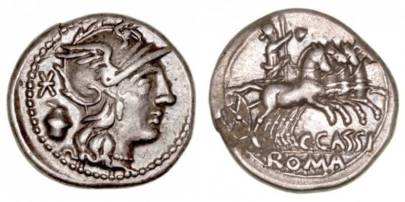 República Romana
 Cassia
 Denario. AR. Roma. (126 a.C.). A/ Cabeza de Roma a d...