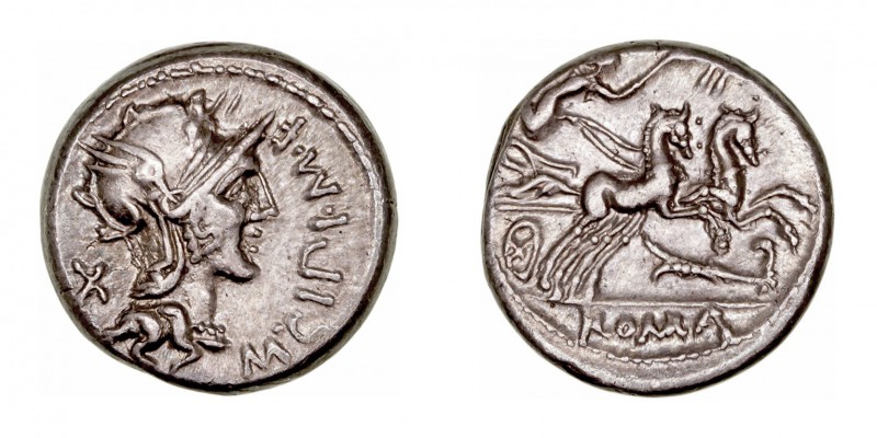 República Romana
 Cipia
 Denario. AR. (115-114 a.C.). A/Cabeza de Roma a der.,...