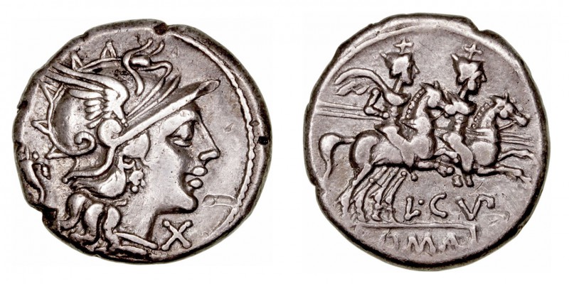 República Romana
 Cupiennia
 Denario. AR. Roma. (147 a.C.). A/Cabeza de Roma a...