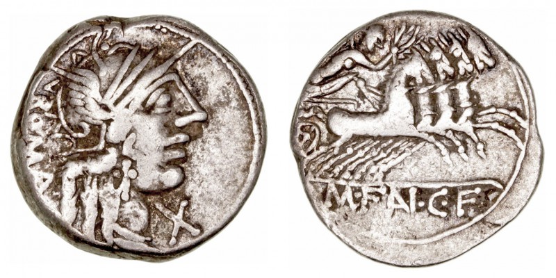 República Romana
 Fannia
 Denario. AR. Roma. (123 a.C.). A/ Cabeza de Roma a d...