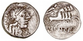 República Romana
 Fannia
 Denario. AR. Roma. (123 a.C.). A/ Cabeza de Roma a der., delante X y detrás ROMA. R/Victoria con corona en cuadriga a der....