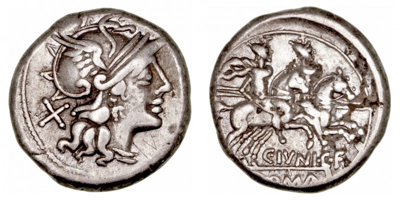 República Romana
 Junia
 Denario. AR. Roma. (149 a.C.). A/Cabeza de Roma a der...