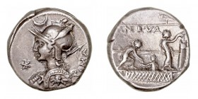 República Romana
 Licinia
 Denario. AR. Roma. (113-112 a.C.). A/Cabeza de Roma a izq. con escudo y lanza sobre el hombro, encima creciente, delante ...