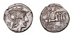 República Romana
 Maenia
 Denario. AR. Roma. (132 a.C.). A/Cabeza de Roma a der., detrás X. R/Victoria con corona en cuadriga a der., debajo P · MAE...