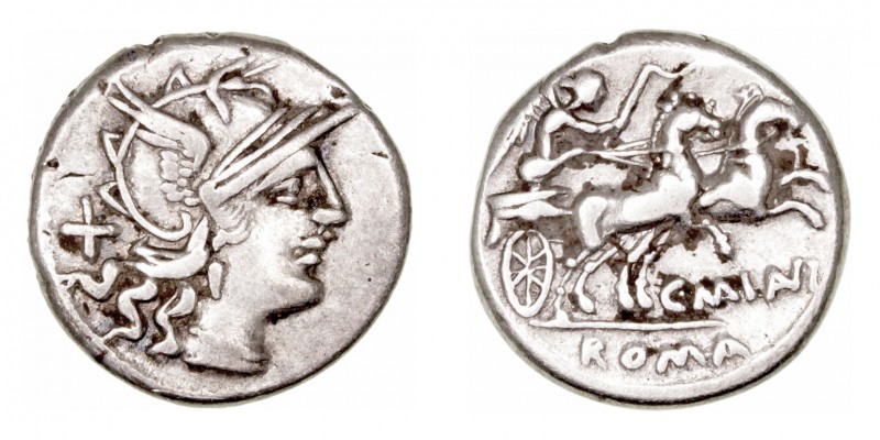 República Romana
 Maiania
 Denario. AR. Roma. (153 a.C.). A/Cabeza de Roma a d...