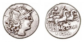 República Romana
 Maiania
 Denario. AR. Roma. (153 a.C.). A/Cabeza de Roma a der., detrás X. R/Victoria con látigo en biga a der., debajo C· MAIANI ...