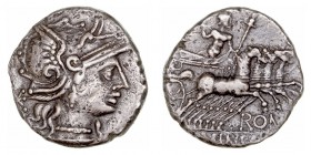 República Romana
 Minucia
 Denario. AR. Roma. (133 a.C.). A/Cabeza de Roma a der., detrás X. R/Júpiter en cuadriga con cetro a der., debajo ROMA y e...