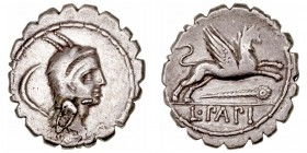 República Romana
 Papia
 Denario. AR. Roma. (79 a.C.). A/Cabeza de Juno Sospita a der. recubierta de piel de cabra, detrás símbolo. R/Grifón a der.,...