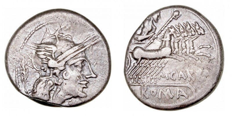 República Romana
 Papiria
 Denario. AR. Roma. (121 a.C.). A/Cabeza de Roma a d...