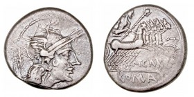 República Romana
 Papiria
 Denario. AR. Roma. (121 a.C.). A/Cabeza de Roma a der., delante (X) y detrás rama de laurel. R/Júpiter con cetro y haz de...