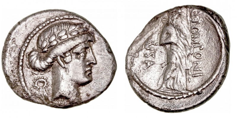 República Romana
 Pomponia
 Denario. AR. (66 a.C.). A/Cabeza laureada de Apolo...