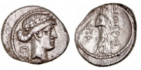 República Romana
 Pomponia
 Denario. AR. (66 a.C.). A/Cabeza laureada de Apolo a der., detrás corona de laurel. R/La musa Polymnia con corona de pie...