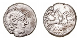 República Romana
 Porcia
 Denario. AR. Roma. (123 a.C.). A/Cabeza de Roma a der., detrás X. R/Victoria con látigo en biga a der., debajo C· CATO, en...