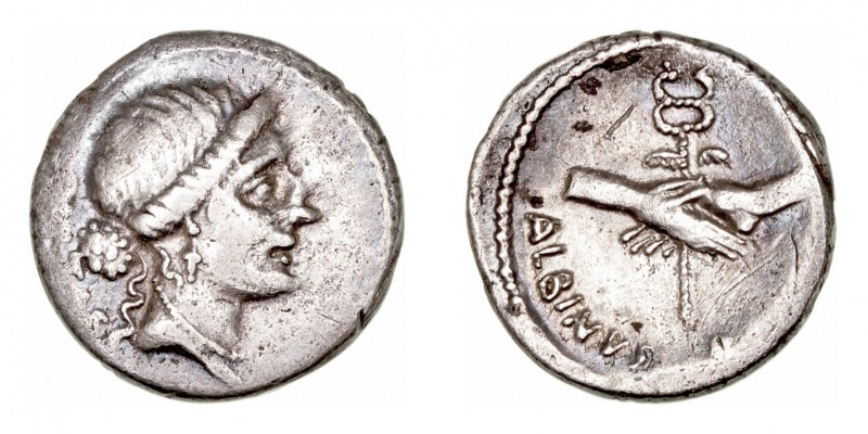 República Romana
 Postumia
 Denario. AR. Roma. (48 a.C.). A/Cabeza de la Pieda...