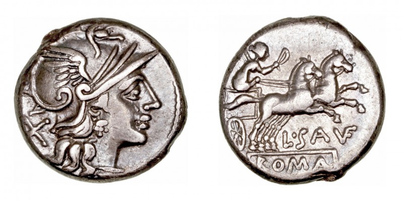 República Romana
 Saufeia
 Denario. AR. Roma. (152 a.C.). A/Cabeza de Roma a d...