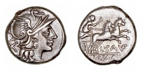 República Romana
 Saufeia
 Denario. AR. Roma. (152 a.C.). A/Cabeza de Roma a der., detrás X. R/Victoria con látigo en biga a der., debajo L· SAVF y ...