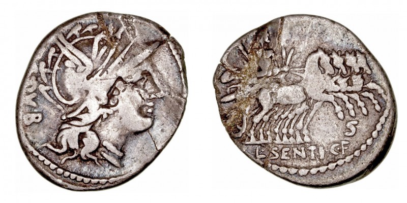 República Romana
 Sentia
 Denario. AR. (101 a.C.). A/Cabeza de Roma a der., de...