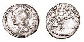 República Romana
 Servilia
 Denario. AR. (100 a.C.). A/Cabeza de Minerva a izq., detrás RVLLI. R/Victoria con palma en biga a der., debajo P y en ex...