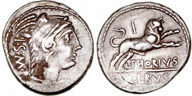 República Romana
 Thoria
 Denario. AR. (105 a.C.). A/Cabeza de Juno Sospita a ...