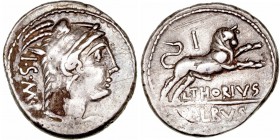 República Romana
 Thoria
 Denario. AR. (105 a.C.). A/Cabeza de Juno Sospita a der. recubierta con piel de cabra, detrás I·S·M·R. R/Toro a der., enci...