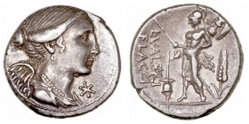 República Romana
 Valeria
 Denario. AR. (108-107 a.C.). A/Busto alado de Victoria a der., delante X. R/Marte con trofeo y lanza en pie a izq., delan...