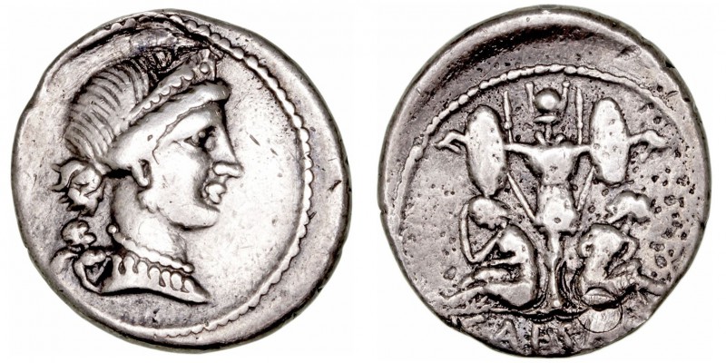 Monedas Pre-Imperiales
 Julio César
 Denario. AR. (46-45 a.C.). A/Cabeza diade...
