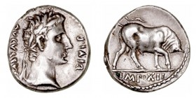 Imperio Romano
 Augusto
 Denario. AR. Lugdunum. (27 a.C.-14 d.C.). A/Cabeza laureada de Augusto, AVGVSTVS DIVI F.. R/Toro a der., en exergo IMP. XII...