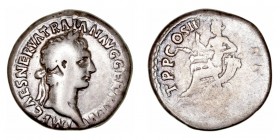 Imperio Romano
 Trajano
 Denario. AR. (98-117). R/TR. P. COS. II (P.P.). Deidad sentada a izq. 3.29g. RIC.31. MBC-/BC-.