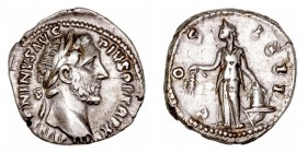 Imperio Romano
 Antonino Pío
 Denario. AR. (138-161). R/COS. IIII. Annona a izq. portando espigas y apoyada en modio. 3.37g. RIC.-. MBC+.