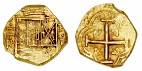 Monarquía Española
 Felipe IV
 2 Escudos. AV. Santa Fe (Nuevo Reino). fnv. Valor · II · (horizontal) y R a la izquierda del escudo y (N · R) en la p...