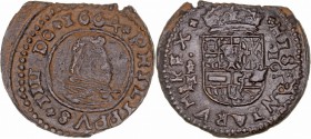Monarquía Española
 Felipe IV
 16 Maravedís. AE. Trujillo M. 1664. 3.76g. Cal.1635. Final de riel. MBC.