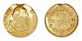 Monarquía Española
 Carlos III
 1/2 Escudo. AV. Madrid PJ. 1775. 1.77g. Cal.769. Estuvo colgada, ya que sirvió de joya. BC-.