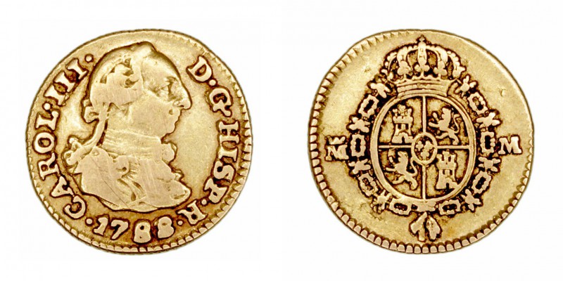 Monarquía Española
 Carlos III
 1/2 Escudo. AV. Madrid M. 1788. 1.70g. Cal.781...