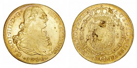 Monarquía Española
 Carlos IV
 8 Escudos. AV. Lima IJ. 1796. 26.81g. Cal.13. Hoja en reverso por metal mal batido. MBC+/MBC.