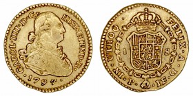 Monarquía Española
 Carlos IV
 Escudo. AV. Popayán JF. 1797. 3.37g. Cal.528. Escasa. MBC.