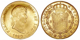 Monarquía Española
 Fernando VII
 8 Escudos. AV. Madrid GJ. 1820. 27.07g. Cal.35. Bella pieza que mantiene brillo original. Escasa así. EBC/EBC+.