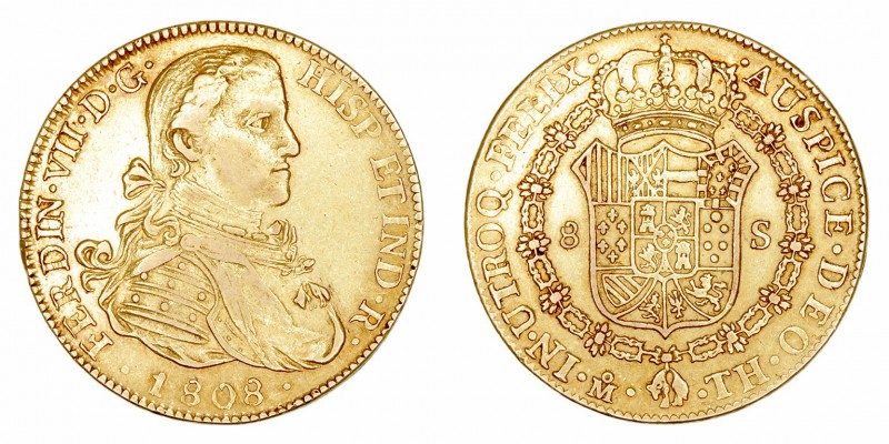 Monarquía Española
 Fernando VII
 8 Escudos. AV. Méjico TH. 1808. Busto imagin...