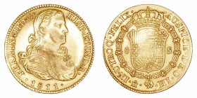Monarquía Española
 Fernando VII
 8 Escudos. AV. Méjico HJ. 1811. Busto imaginario. 26.99g. Cal.49. Muy bonita pieza. MBC+.