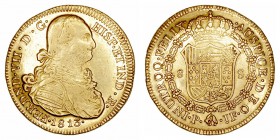 Monarquía Española
 Fernando VII
 8 Escudos. AV. Popayán JF. 1813. Busto de Carlos IV. Sin punto entre IN y UTROQ. 26.93g. Cal.73. Restos de brillo,...