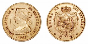 Monarquía Española
 Isabel II
 4 Escudos. AV. Madrid. 1867. 3.38g. Cal.111. Rayas en anverso. MBC.