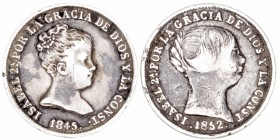 Monarquía Española
 Isabel II
 Real. AR. Lote de 2 monedas. 1845 Madrid y 1852 Sevilla (sirvió de joya). Tonalidad oscura. BC+ a BC-.